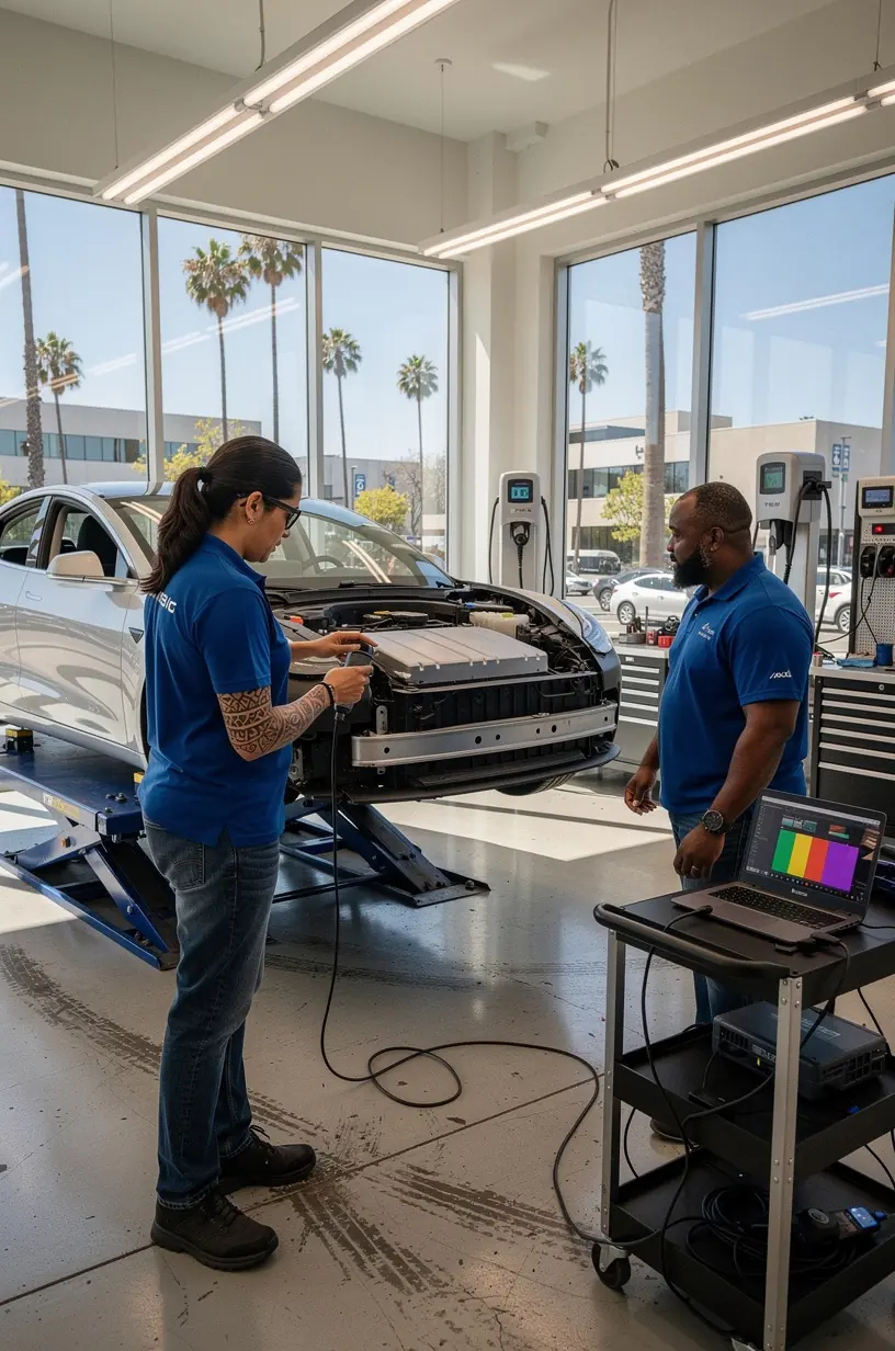 Technician explaining electric vehicle system features to customer in transparent consultation